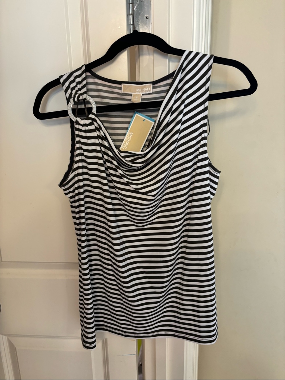 Michael Kors green & White Striped Sleeveless Drape Neck Tank with Ring Detail